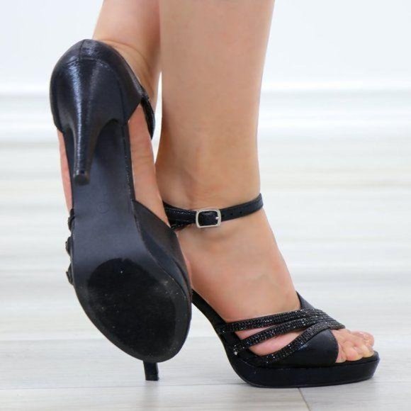 Shimmery Black Satin Platform Heeled Stiletto Sandal - Picture 7 of 11